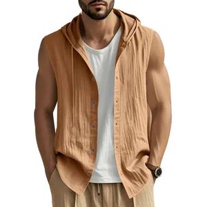 Detail view of men's khaki sleeveless hooded linen shirt with button-down closure