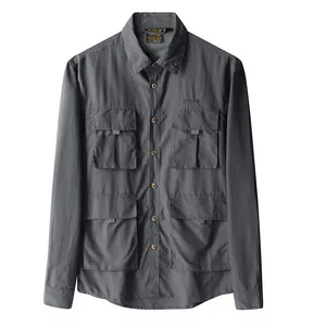 Camisa de Nailon Casual de Manga Larga para Hombre Ropa de Trabajo Estilo Militar Color Sólido Multi-bolsillo Chaqueta Suelta para Primavera Otoño