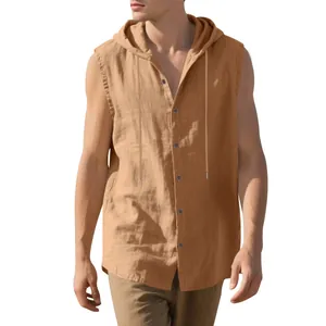 Detailed view of brown linen sleeveless hooded shirt showing fabric texture and buttons