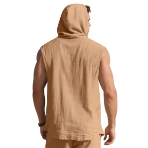 Back view of men's casual linen hooded sleeveless shirt vest in light brown linen texture
