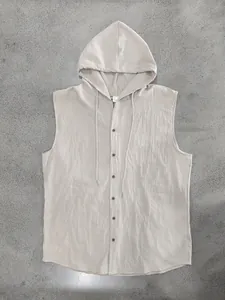 Close-up detail of a men's summer beige linen blend hooded sleeveless shirt vest
