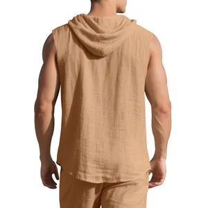 Back view of men's relaxed sleeveless hooded linen shirt in tan with textured fabric detail