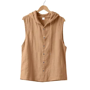 Men's casual summer sleeveless hooded shirt with linen texture in khaki color