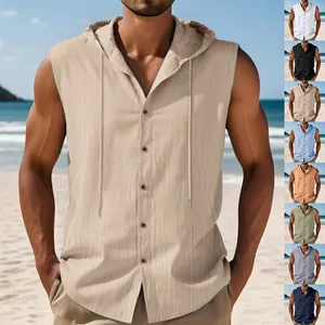 Camicia da uomo estiva in lino con cappuccio senza maniche in vari colori.