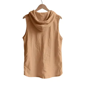 Detailed back view of men's casual sleeveless linen hooded shirt in camel brown color