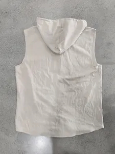 Detailed back view of a men's casual sleeveless hooded linen shirt in light beige