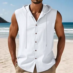 Camicia senza maniche con cappuccio da uomo in lino bianco con bottoni per la spiaggia