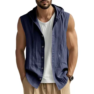 Men's casual sleeveless linen hooded shirt featuring a button front and breathable texture