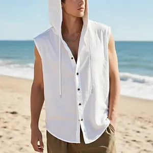 Camicia in lino senza maniche con cappuccio da uomo, gilet estivo casual da spiaggia.