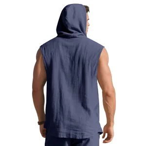 Back view of a men's sleeveless linen hooded shirt in dusty blue color with a loose fit.