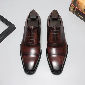 Zapatos Oxford clásicos de cuero marrón para hombre con punta cuadrada para negocios