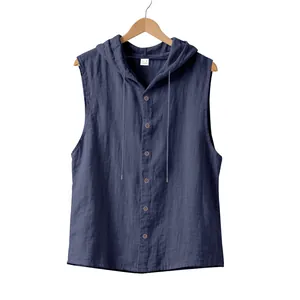 Close-up of a navy blue sleeveless linen hooded shirt with front buttons on a hanger
