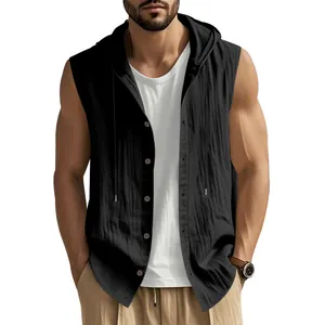 Detail of men's casual black sleeveless linen hooded shirt showing button closure