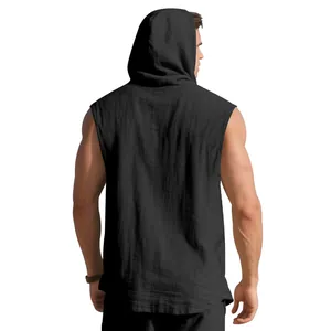 Back view of men's casual black linen sleeveless hooded top with loose breathable fit
