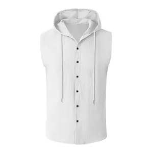 Camicia da uomo senza maniche in lino bianco con cappuccio e bottoni.