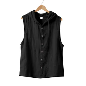 Detail view of a men's black sleeveless linen hooded shirt showing fabric texture