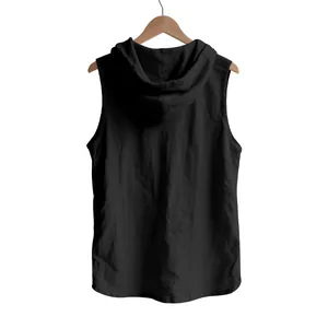 Back view of men's casual black sleeveless hooded shirt in breathable linen fabric