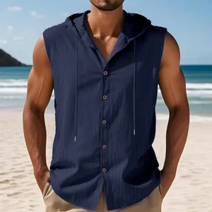 Camicia da uomo in lino senza maniche con cappuccio per spiaggia estiva, blu navy casual