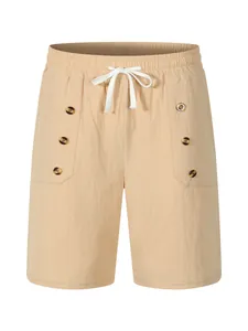 Front view detail of men's khaki cotton linen shorts with white drawstring and buttons