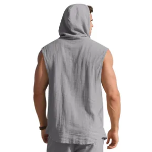 Back view of a men's casual sleeveless hooded linen shirt in a breathable grey fabric