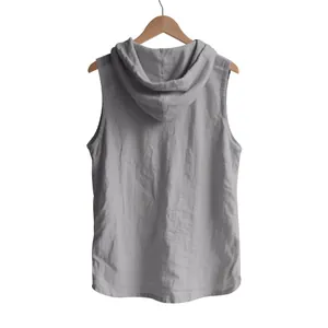 Back view of a casual men's light grey sleeveless linen hoodie on a wooden hanger