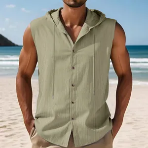 Camicia da uomo senza maniche con cappuccio in lino verde kaki per lo stile spiaggia