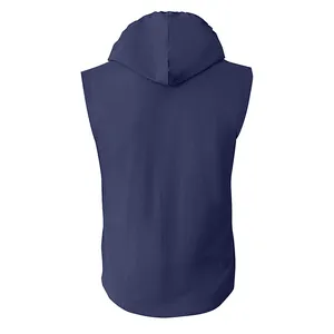 Vista posteriore di gilet con cappuccio senza maniche in lino blu da uomo
