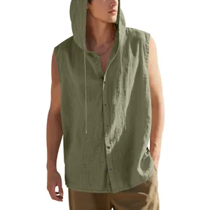 Detailed view of men's casual sleeveless linen hooded shirt with breathable texture