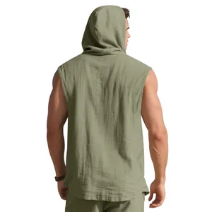 Back view of men's sage green sleeveless linen hooded shirt showing fabric texture details.