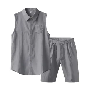 Completo uomo estivo in lino grigio con camicia senza maniche e pantaloncini