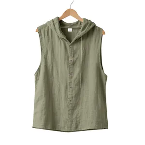 Detail showing button closure and textured linen fabric on hooded sleeveless top
