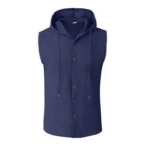 Vista frontale camicia da uomo senza maniche con cappuccio in finto lino blu navy