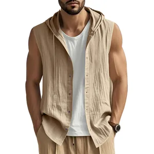 Men's summer casual khaki sleeveless hooded linen vest shirt with button front.