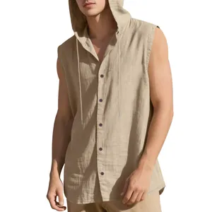 Casual khaki men's linen hooded sleeveless shirt with a loose fit and button front