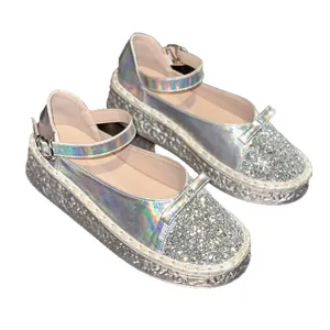 Silver holographic glitter platform Mary Jane shoes with bow detail and buckle strap
