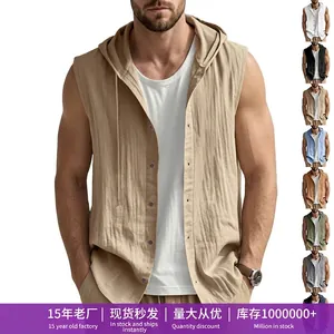Men Casual Linen Sleeveless Hooded Shirt Loose Button Down Solid Color Vest Top For Vacation Daily Wear Summer Clothing