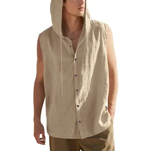 Detailed view of a men's breathable khaki sleeveless linen hooded button-up shirt