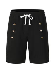 Detail view of men's black cotton linen casual shorts with white drawstring and buttons