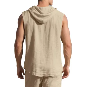 Detailed back view of a sleeveless hooded summer shirt in beige with linen texture