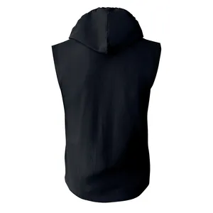 Vista posteriore di un gilet con cappuccio senza maniche in lino nero da uomo in tessuto