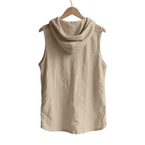 Back view of men's casual linen sleeveless hoodie in khaki with textured fabric