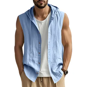 Light blue men's casual linen-textured sleeveless hooded shirt for summer fashion style