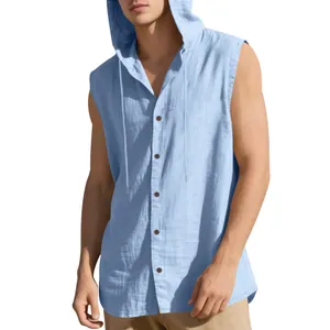 Detail view of light blue sleeveless hooded linen shirt for men showing buttons and texture