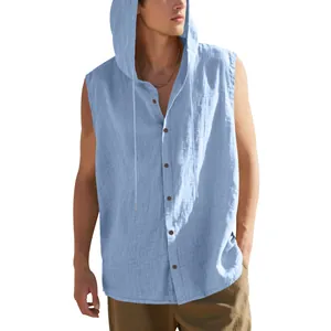 Casual light blue men's sleeveless hooded linen shirt with a relaxed loose fit