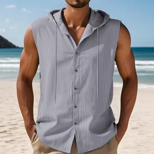 Camicia estiva in lino senza maniche con cappuccio da uomo in grigio per vacanze al mare