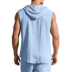 Back view of a light blue men's sleeveless hooded shirt in breathable linen fabric.