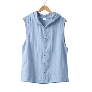 Close-up of men's sleeveless linen hooded shirt with buttons in light blue.