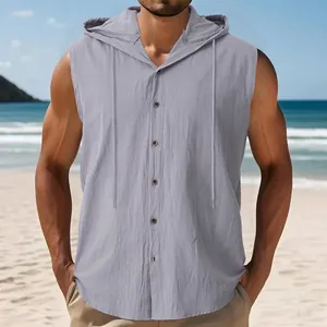 Camicia casual da uomo in lino grigio con cappuccio senza maniche per la spiaggia