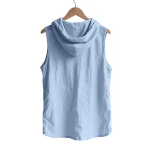Detailed back view of a light blue men's breathable linen sleeveless hooded shirt