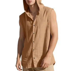 Casual men's linen sleeveless hooded shirt in ginger brown with a loose fit style
